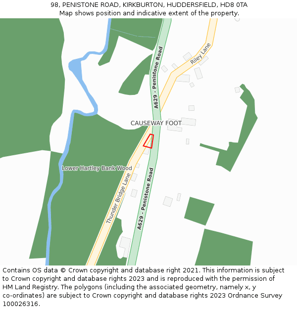 98, PENISTONE ROAD, KIRKBURTON, HUDDERSFIELD, HD8 0TA: Location map and indicative extent of plot