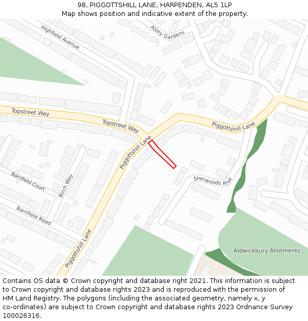 98, PIGGOTTSHILL LANE, HARPENDEN, AL5 1LP: Location map and indicative extent of plot
