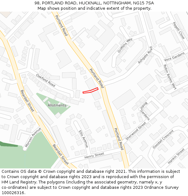 98, PORTLAND ROAD, HUCKNALL, NOTTINGHAM, NG15 7SA: Location map and indicative extent of plot