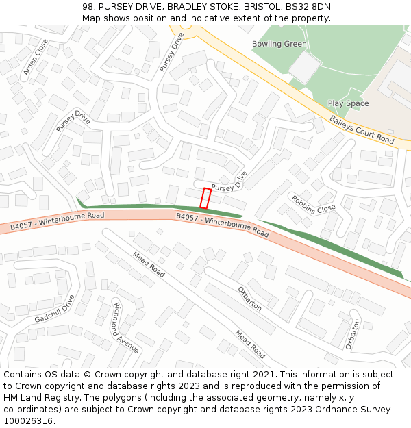 98, PURSEY DRIVE, BRADLEY STOKE, BRISTOL, BS32 8DN: Location map and indicative extent of plot