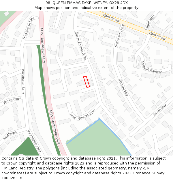 98, QUEEN EMMAS DYKE, WITNEY, OX28 4DX: Location map and indicative extent of plot