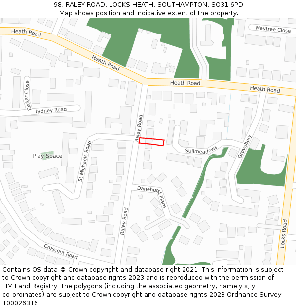 98, RALEY ROAD, LOCKS HEATH, SOUTHAMPTON, SO31 6PD: Location map and indicative extent of plot