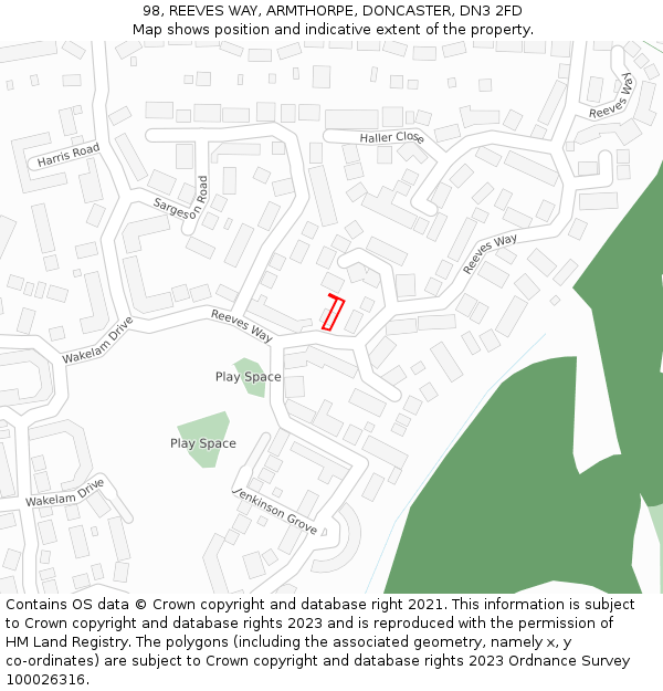 98, REEVES WAY, ARMTHORPE, DONCASTER, DN3 2FD: Location map and indicative extent of plot