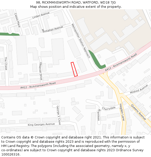 98, RICKMANSWORTH ROAD, WATFORD, WD18 7JG: Location map and indicative extent of plot