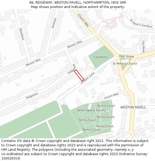 98, RIDGEWAY, WESTON FAVELL, NORTHAMPTON, NN3 3AR: Location map and indicative extent of plot