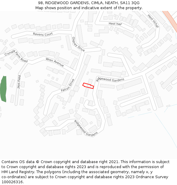 98, RIDGEWOOD GARDENS, CIMLA, NEATH, SA11 3QG: Location map and indicative extent of plot