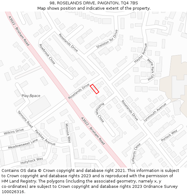 98, ROSELANDS DRIVE, PAIGNTON, TQ4 7BS: Location map and indicative extent of plot