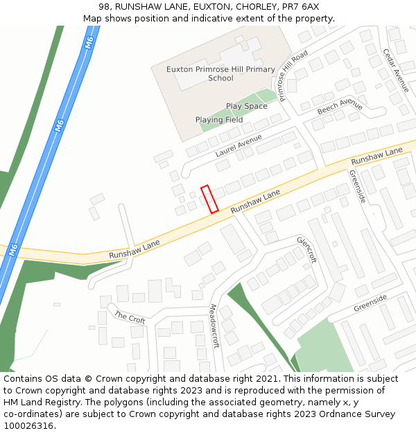 98, RUNSHAW LANE, EUXTON, CHORLEY, PR7 6AX: Location map and indicative extent of plot