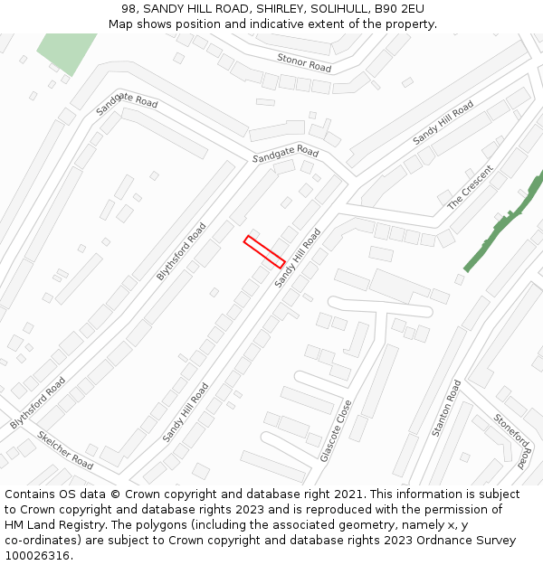 98, SANDY HILL ROAD, SHIRLEY, SOLIHULL, B90 2EU: Location map and indicative extent of plot