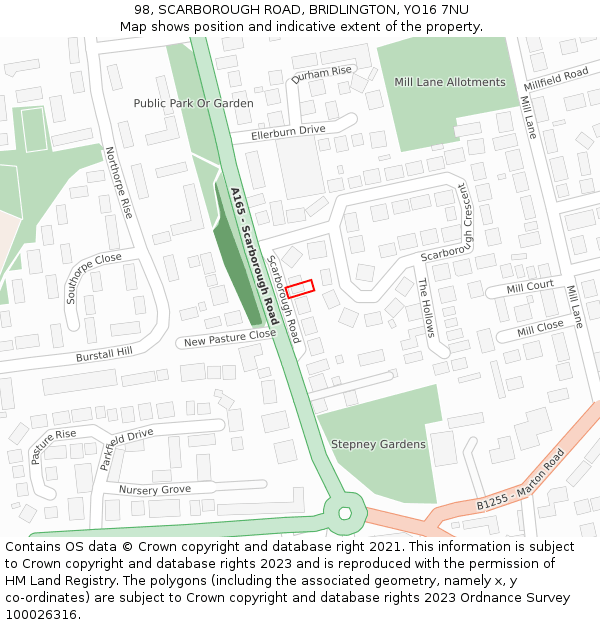 98, SCARBOROUGH ROAD, BRIDLINGTON, YO16 7NU: Location map and indicative extent of plot