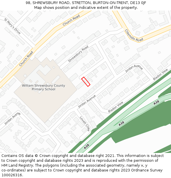 98, SHREWSBURY ROAD, STRETTON, BURTON-ON-TRENT, DE13 0JF: Location map and indicative extent of plot