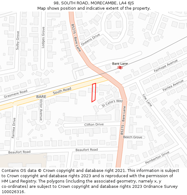 98, SOUTH ROAD, MORECAMBE, LA4 6JS: Location map and indicative extent of plot