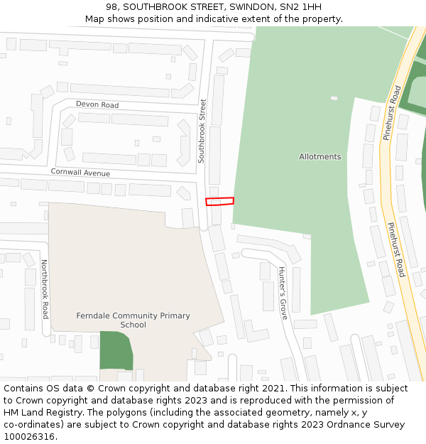 98, SOUTHBROOK STREET, SWINDON, SN2 1HH: Location map and indicative extent of plot