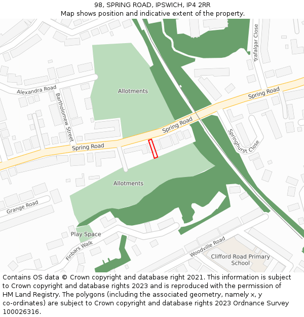 98, SPRING ROAD, IPSWICH, IP4 2RR: Location map and indicative extent of plot