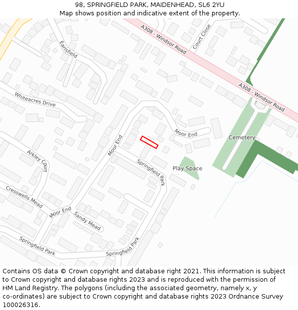 98, SPRINGFIELD PARK, MAIDENHEAD, SL6 2YU: Location map and indicative extent of plot