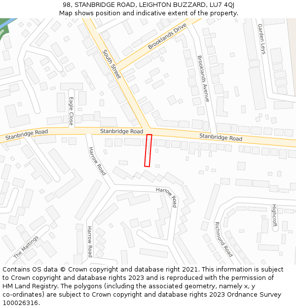 98, STANBRIDGE ROAD, LEIGHTON BUZZARD, LU7 4QJ: Location map and indicative extent of plot