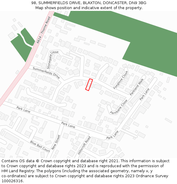 98, SUMMERFIELDS DRIVE, BLAXTON, DONCASTER, DN9 3BG: Location map and indicative extent of plot