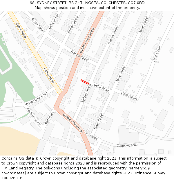 98, SYDNEY STREET, BRIGHTLINGSEA, COLCHESTER, CO7 0BD: Location map and indicative extent of plot