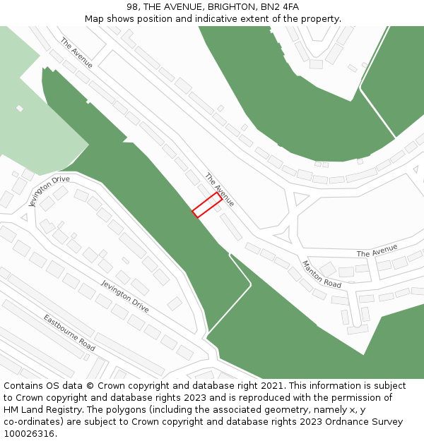 98, THE AVENUE, BRIGHTON, BN2 4FA: Location map and indicative extent of plot