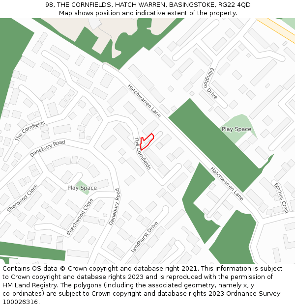 98, THE CORNFIELDS, HATCH WARREN, BASINGSTOKE, RG22 4QD: Location map and indicative extent of plot