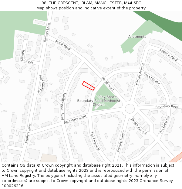 98, THE CRESCENT, IRLAM, MANCHESTER, M44 6EG: Location map and indicative extent of plot