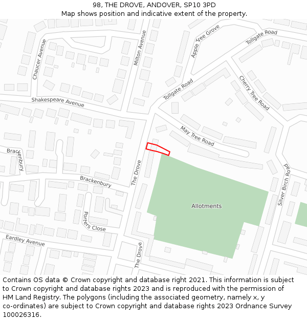 98, THE DROVE, ANDOVER, SP10 3PD: Location map and indicative extent of plot
