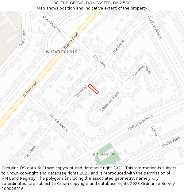 98, THE GROVE, DONCASTER, DN2 5SG: Location map and indicative extent of plot