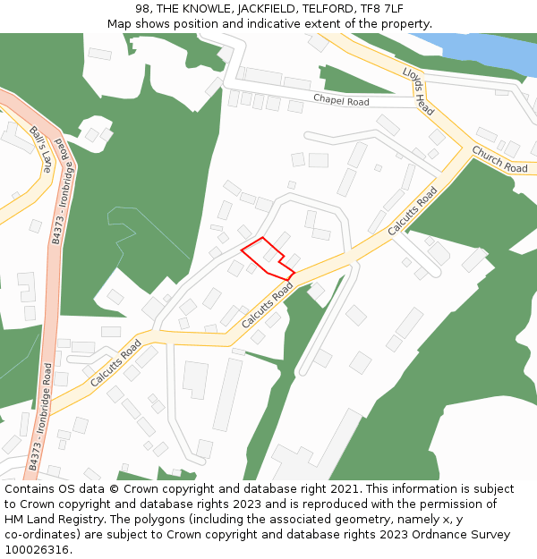 98, THE KNOWLE, JACKFIELD, TELFORD, TF8 7LF: Location map and indicative extent of plot