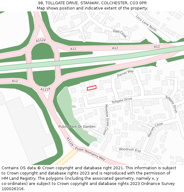 98, TOLLGATE DRIVE, STANWAY, COLCHESTER, CO3 0PR: Location map and indicative extent of plot