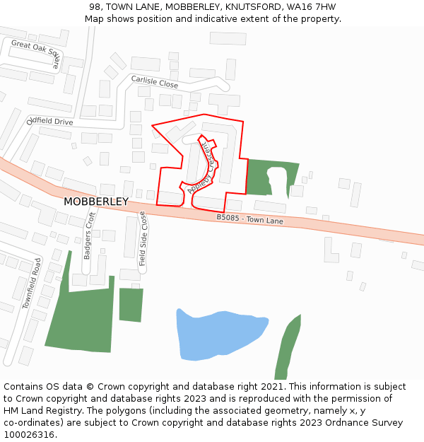 98, TOWN LANE, MOBBERLEY, KNUTSFORD, WA16 7HW: Location map and indicative extent of plot