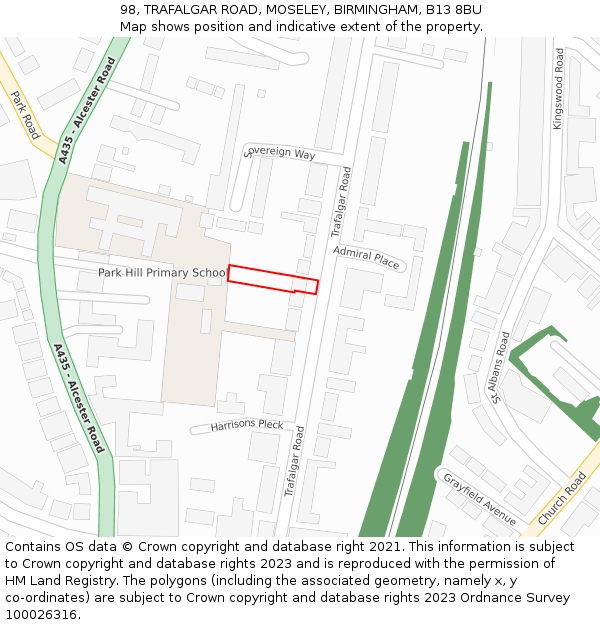 98, TRAFALGAR ROAD, MOSELEY, BIRMINGHAM, B13 8BU: Location map and indicative extent of plot