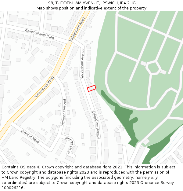 98, TUDDENHAM AVENUE, IPSWICH, IP4 2HG: Location map and indicative extent of plot
