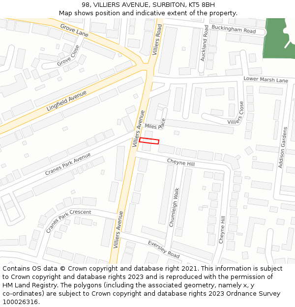 98, VILLIERS AVENUE, SURBITON, KT5 8BH: Location map and indicative extent of plot