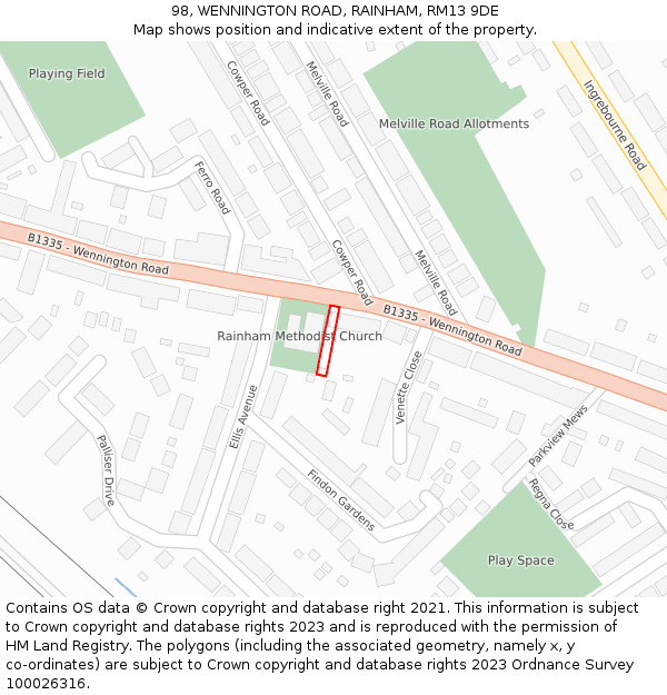 98, WENNINGTON ROAD, RAINHAM, RM13 9DE: Location map and indicative extent of plot