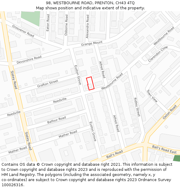 98, WESTBOURNE ROAD, PRENTON, CH43 4TQ: Location map and indicative extent of plot