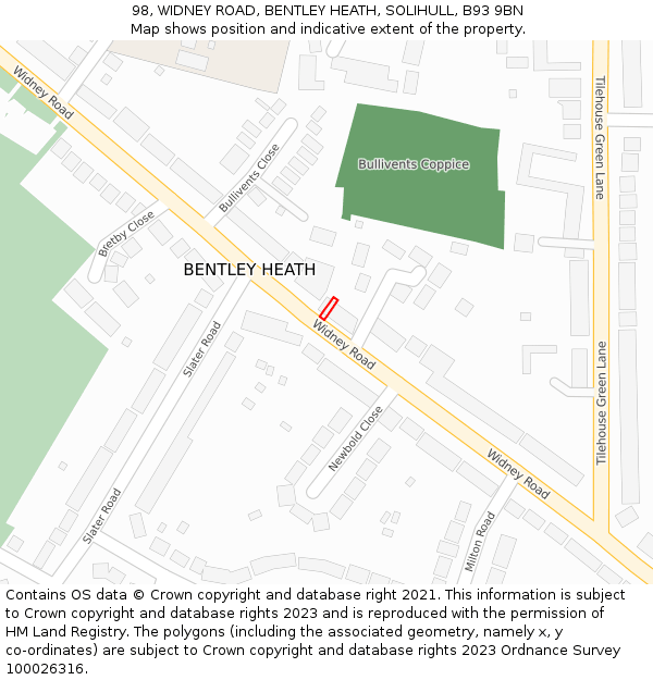 98, WIDNEY ROAD, BENTLEY HEATH, SOLIHULL, B93 9BN: Location map and indicative extent of plot