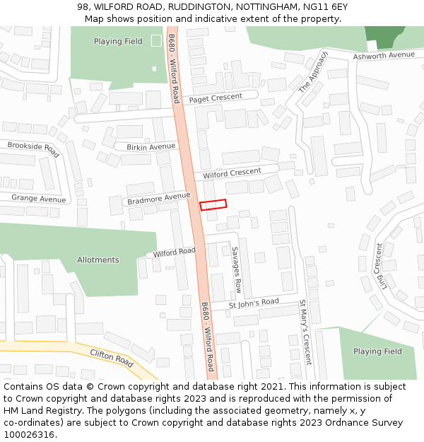 98, WILFORD ROAD, RUDDINGTON, NOTTINGHAM, NG11 6EY: Location map and indicative extent of plot