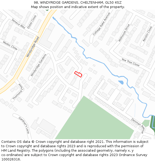 98, WINDYRIDGE GARDENS, CHELTENHAM, GL50 4SZ: Location map and indicative extent of plot