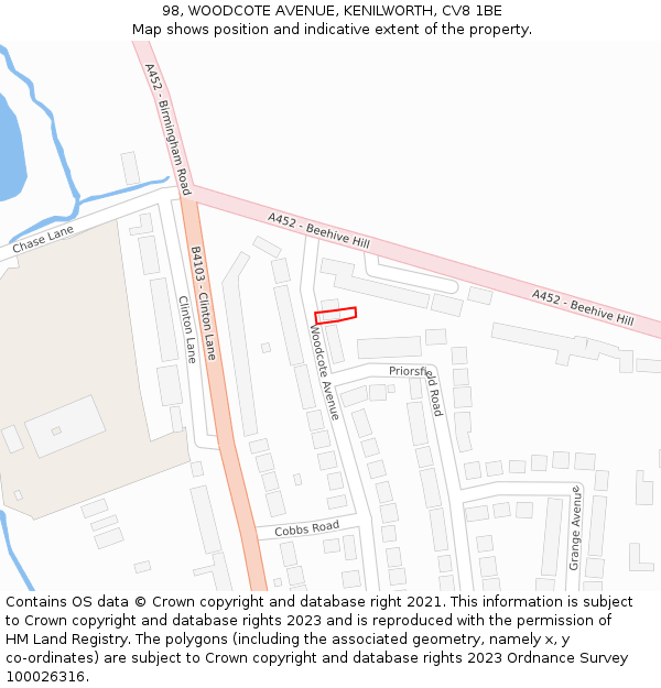 98, WOODCOTE AVENUE, KENILWORTH, CV8 1BE: Location map and indicative extent of plot