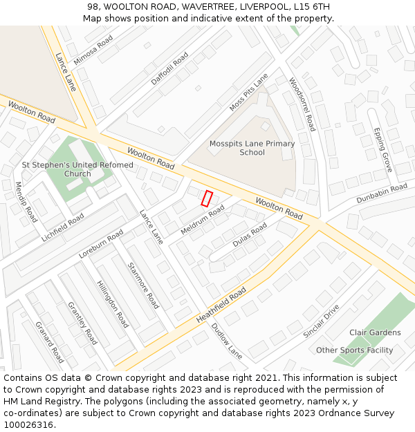 98, WOOLTON ROAD, WAVERTREE, LIVERPOOL, L15 6TH: Location map and indicative extent of plot