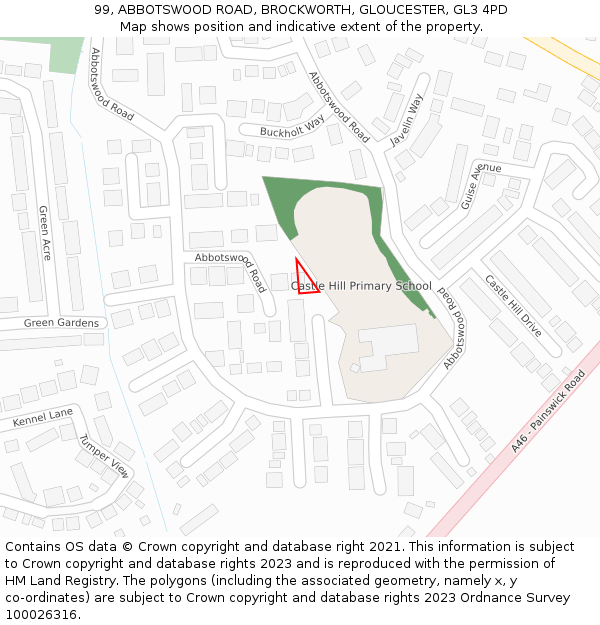 99, ABBOTSWOOD ROAD, BROCKWORTH, GLOUCESTER, GL3 4PD: Location map and indicative extent of plot