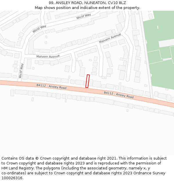 99, ANSLEY ROAD, NUNEATON, CV10 8LZ: Location map and indicative extent of plot