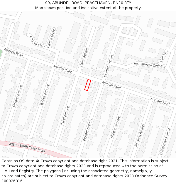 99, ARUNDEL ROAD, PEACEHAVEN, BN10 8EY: Location map and indicative extent of plot