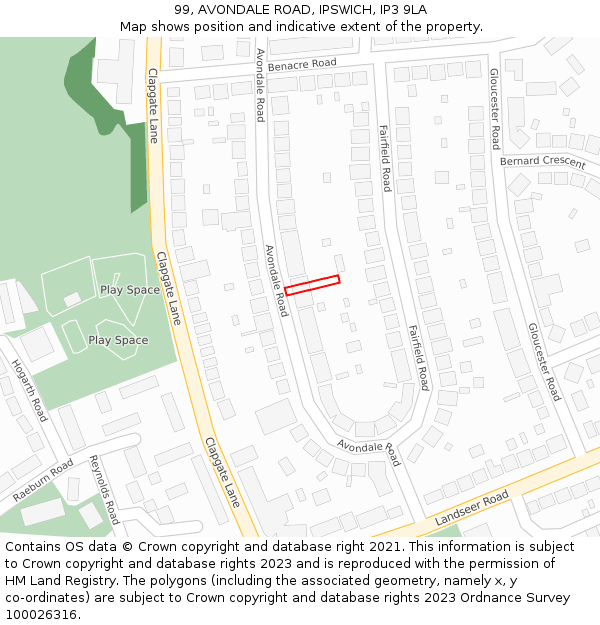 99, AVONDALE ROAD, IPSWICH, IP3 9LA: Location map and indicative extent of plot