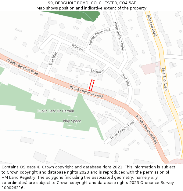 99, BERGHOLT ROAD, COLCHESTER, CO4 5AF: Location map and indicative extent of plot