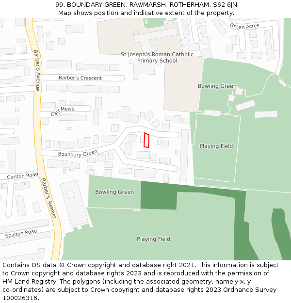 99, BOUNDARY GREEN, RAWMARSH, ROTHERHAM, S62 6JN: Location map and indicative extent of plot