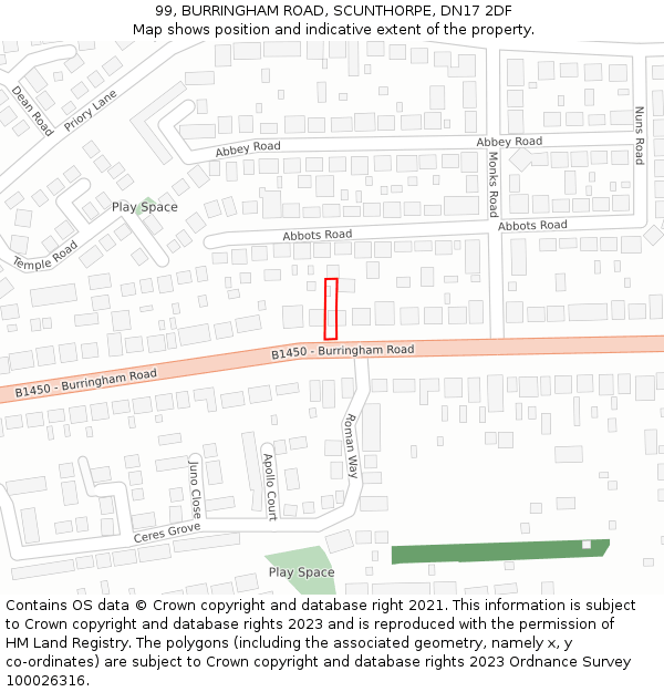 99, BURRINGHAM ROAD, SCUNTHORPE, DN17 2DF: Location map and indicative extent of plot