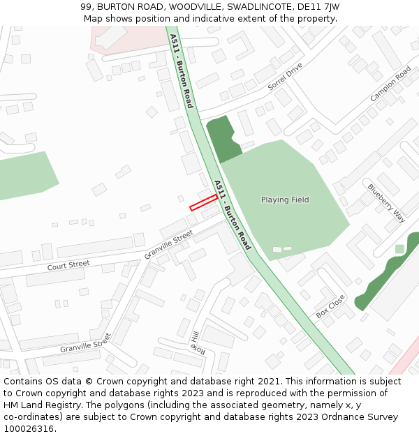 99, BURTON ROAD, WOODVILLE, SWADLINCOTE, DE11 7JW: Location map and indicative extent of plot