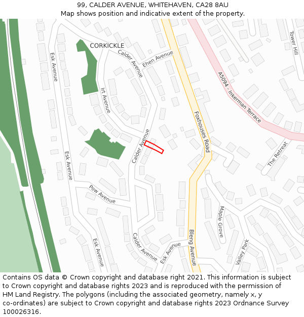 99, CALDER AVENUE, WHITEHAVEN, CA28 8AU: Location map and indicative extent of plot