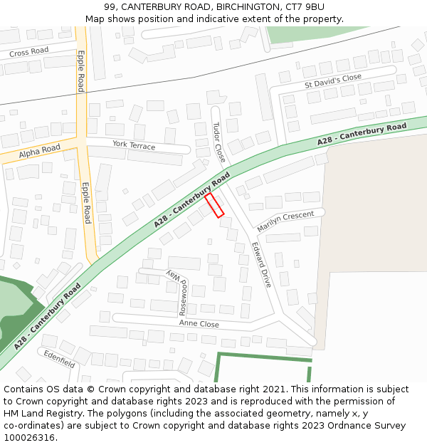 99, CANTERBURY ROAD, BIRCHINGTON, CT7 9BU: Location map and indicative extent of plot